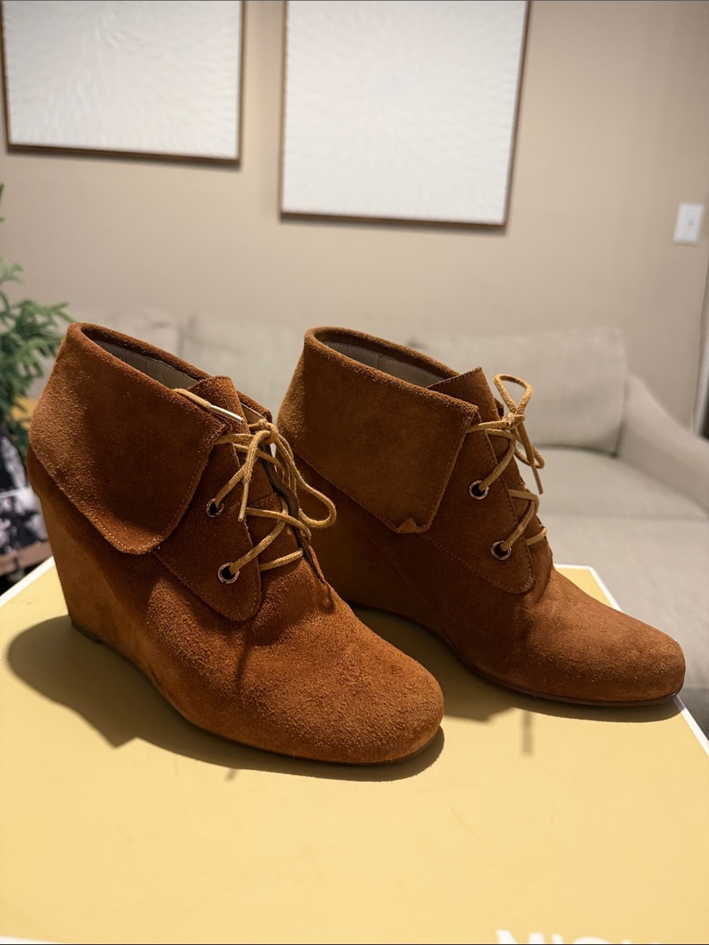 Michael Kors Suede Lace-Up Wedge Ankle Boots in Cognac